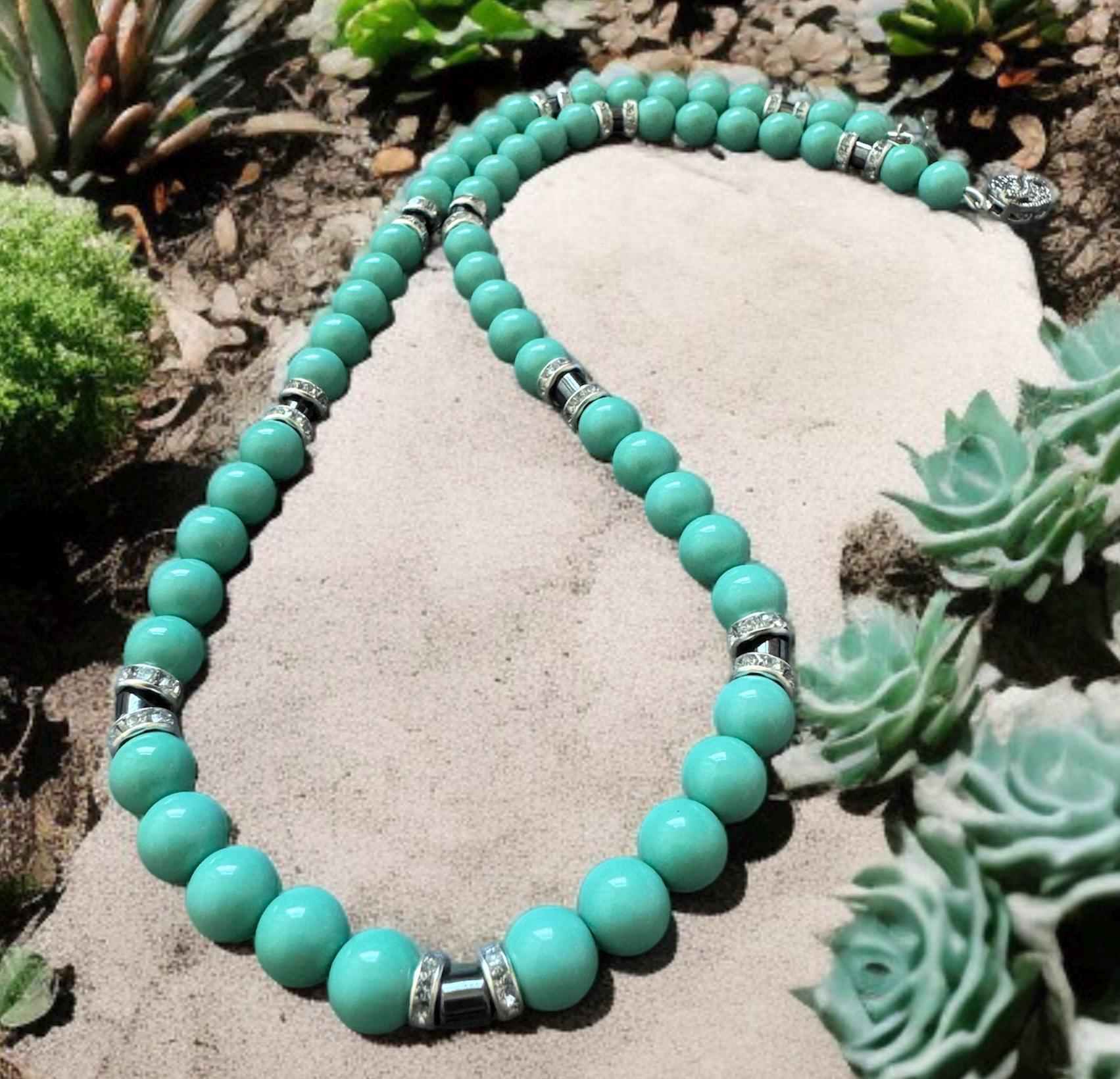 Turquoise Shell Pearl Necklace with Hematite Accents
