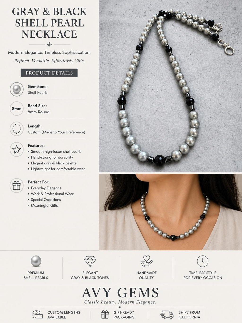 Black & Silver Shell Pearl Necklace