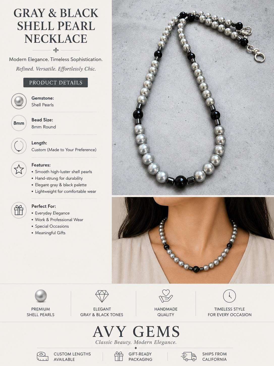 Black & Silver Shell Pearl Necklace