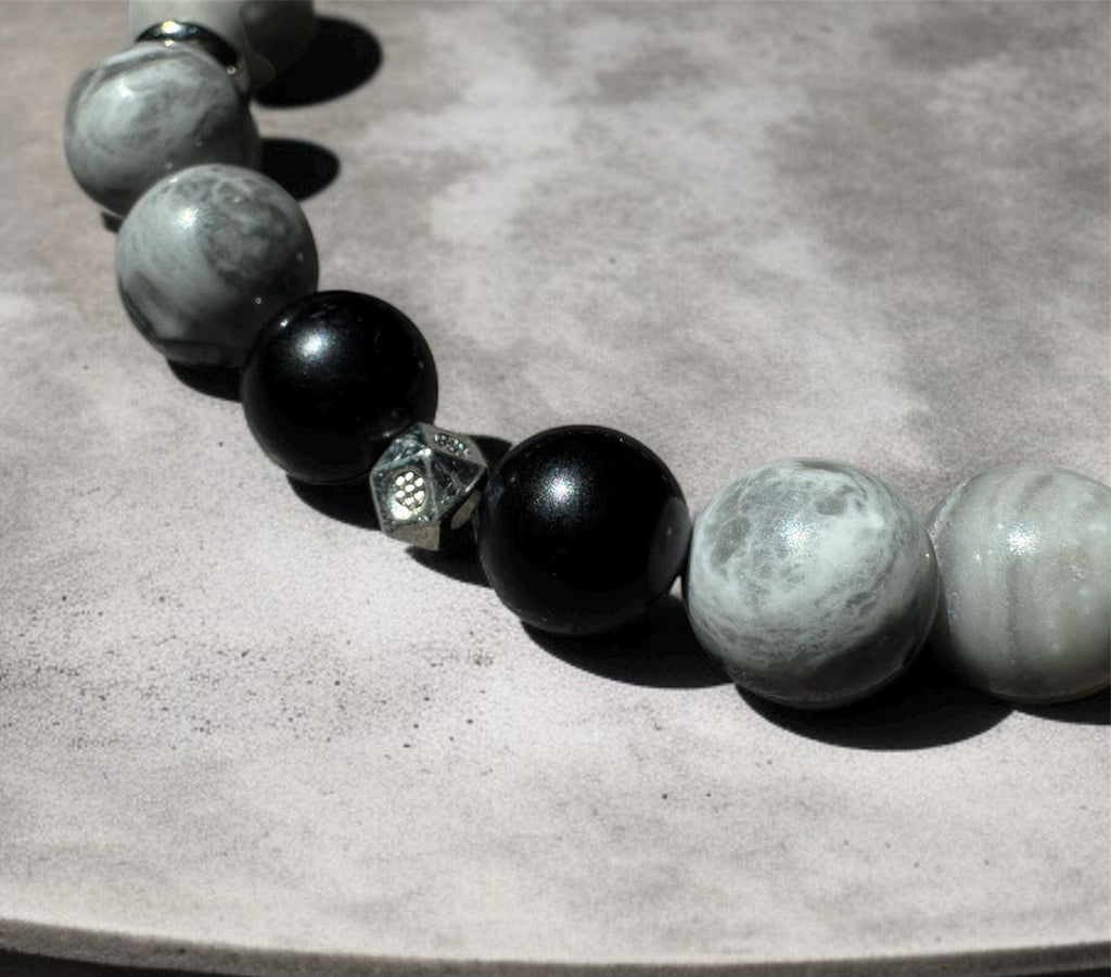 Gray Map Stone & Black Shell Pearl Bracelet