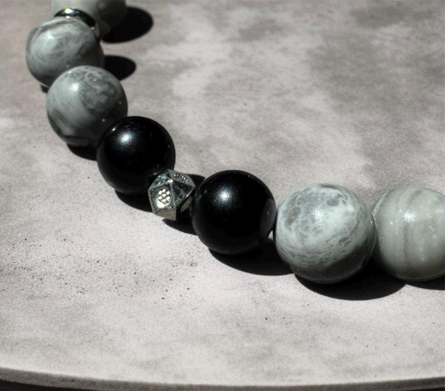 Gray Map Stone & Black Shell Pearl Bracelet