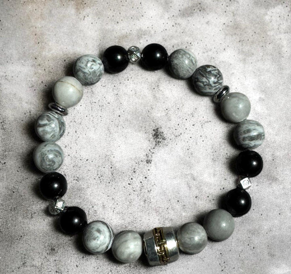 Gray Map Stone & Black Shell Pearl Bracelet