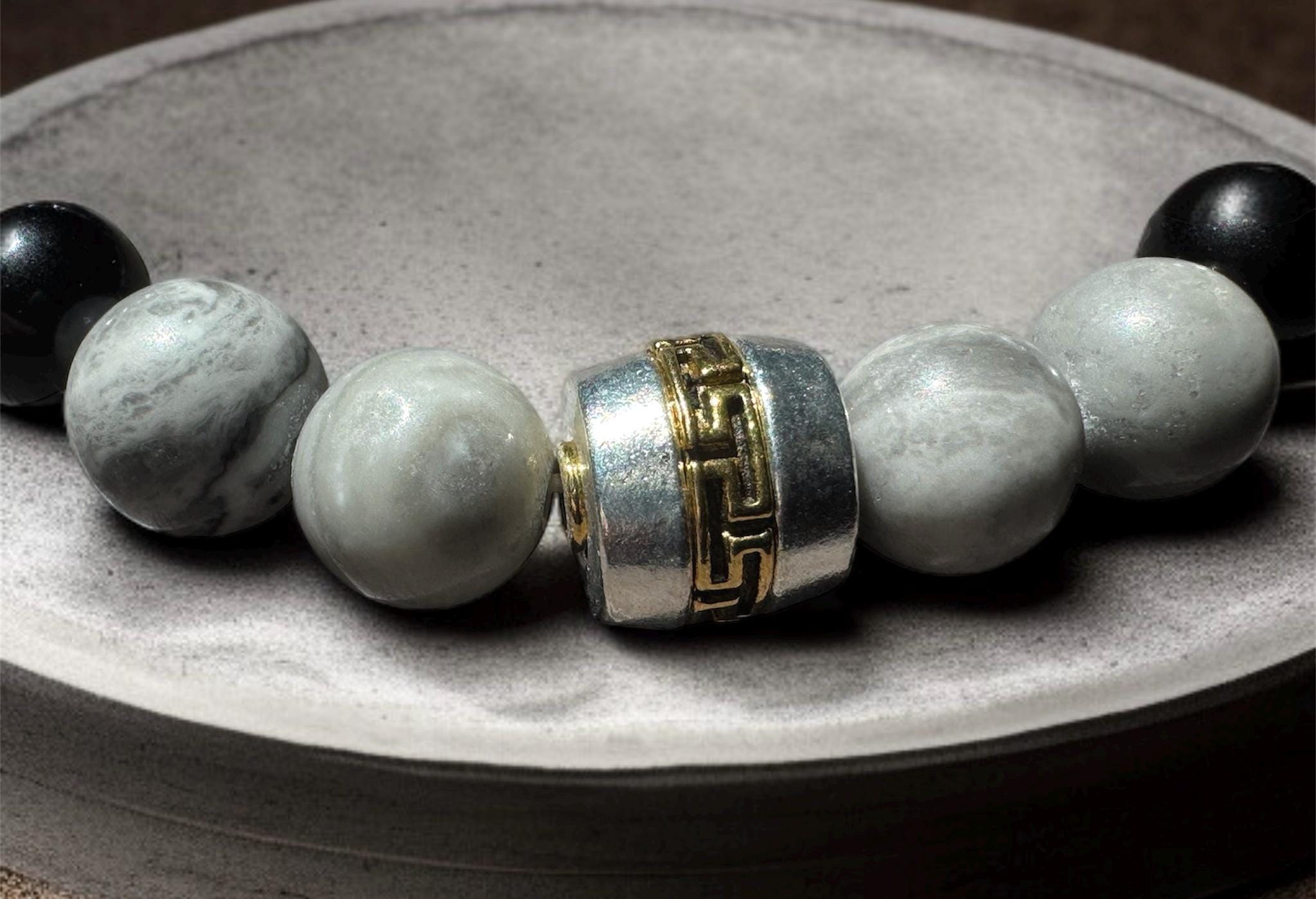 Gray Map Stone & Black Shell Pearl Bracelet