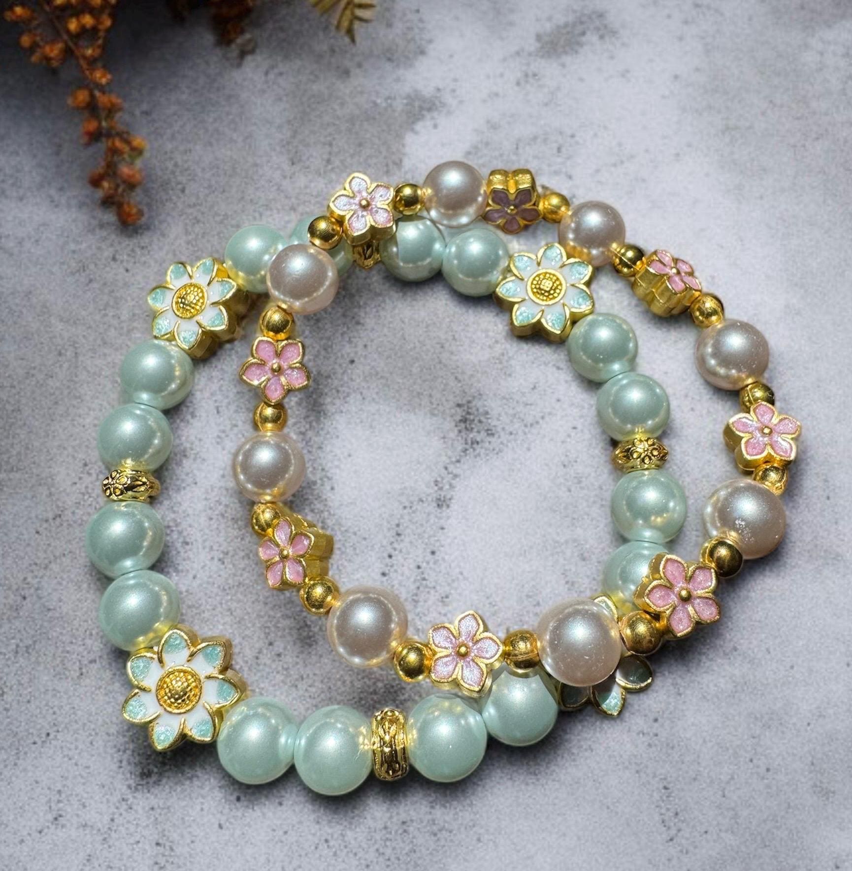Pastel Shell Pearl Flower Bracelet Set