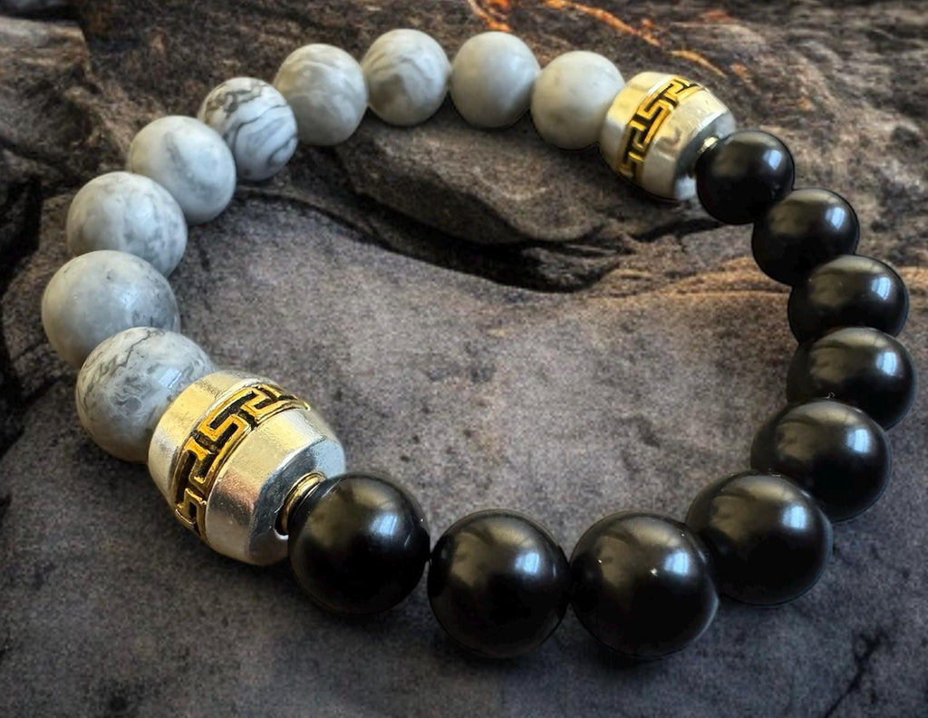 Gray Map Stone & Black Shell Pearl Bracelet