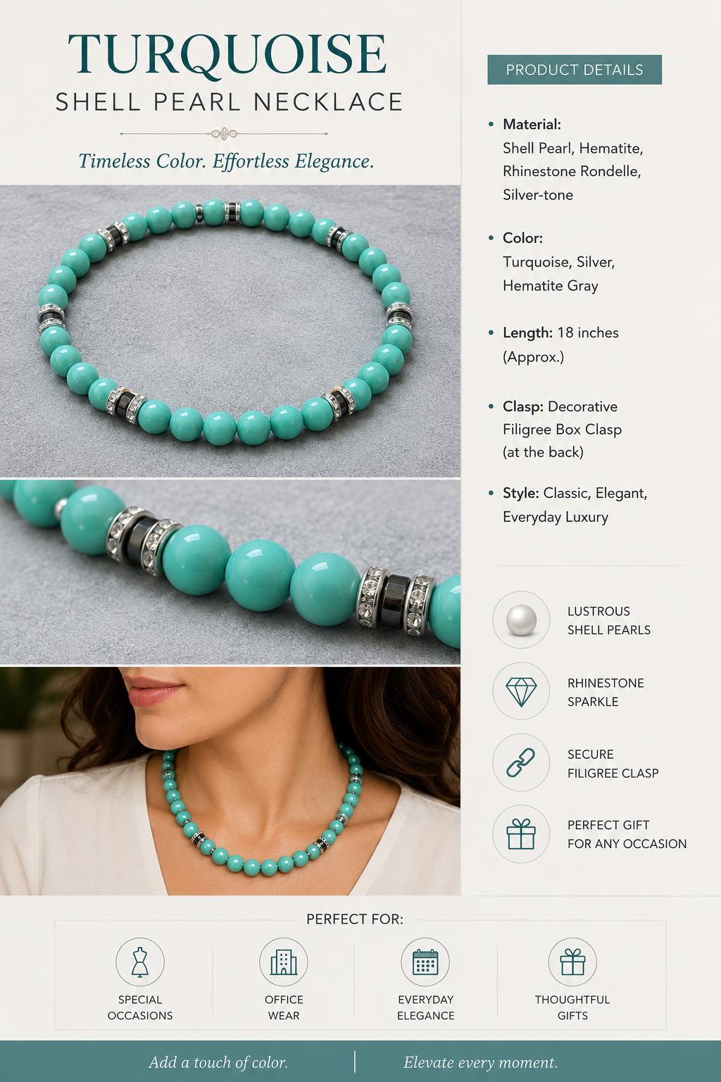 Turquoise Shell Pearl Necklace with Hematite Accents