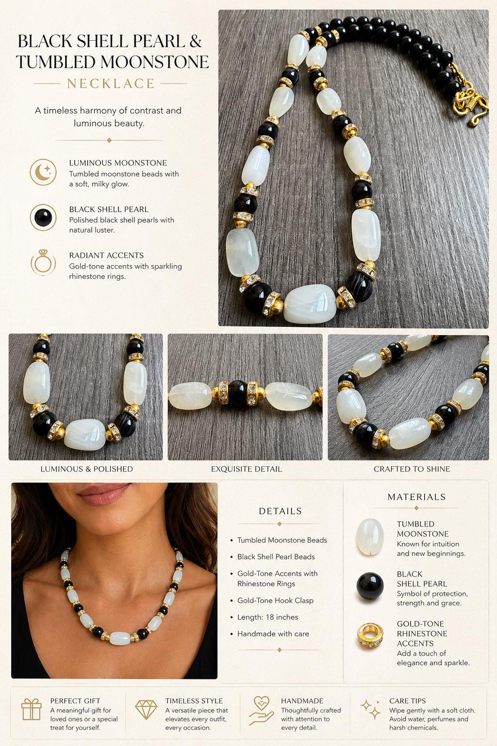 Moonstone & Black Shell Pearl Necklace