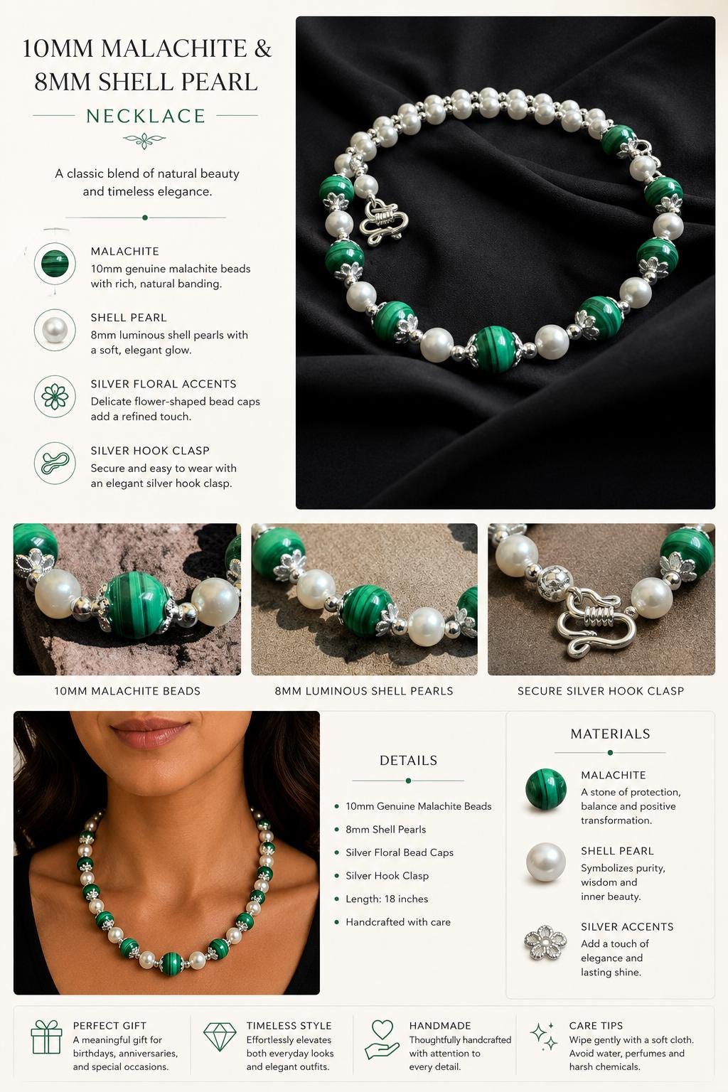 Malachite Necklace with Silver Floral Accents