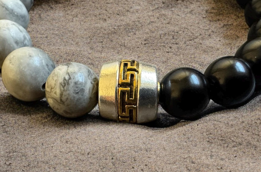 Gray Map Stone & Black Shell Pearl Bracelet