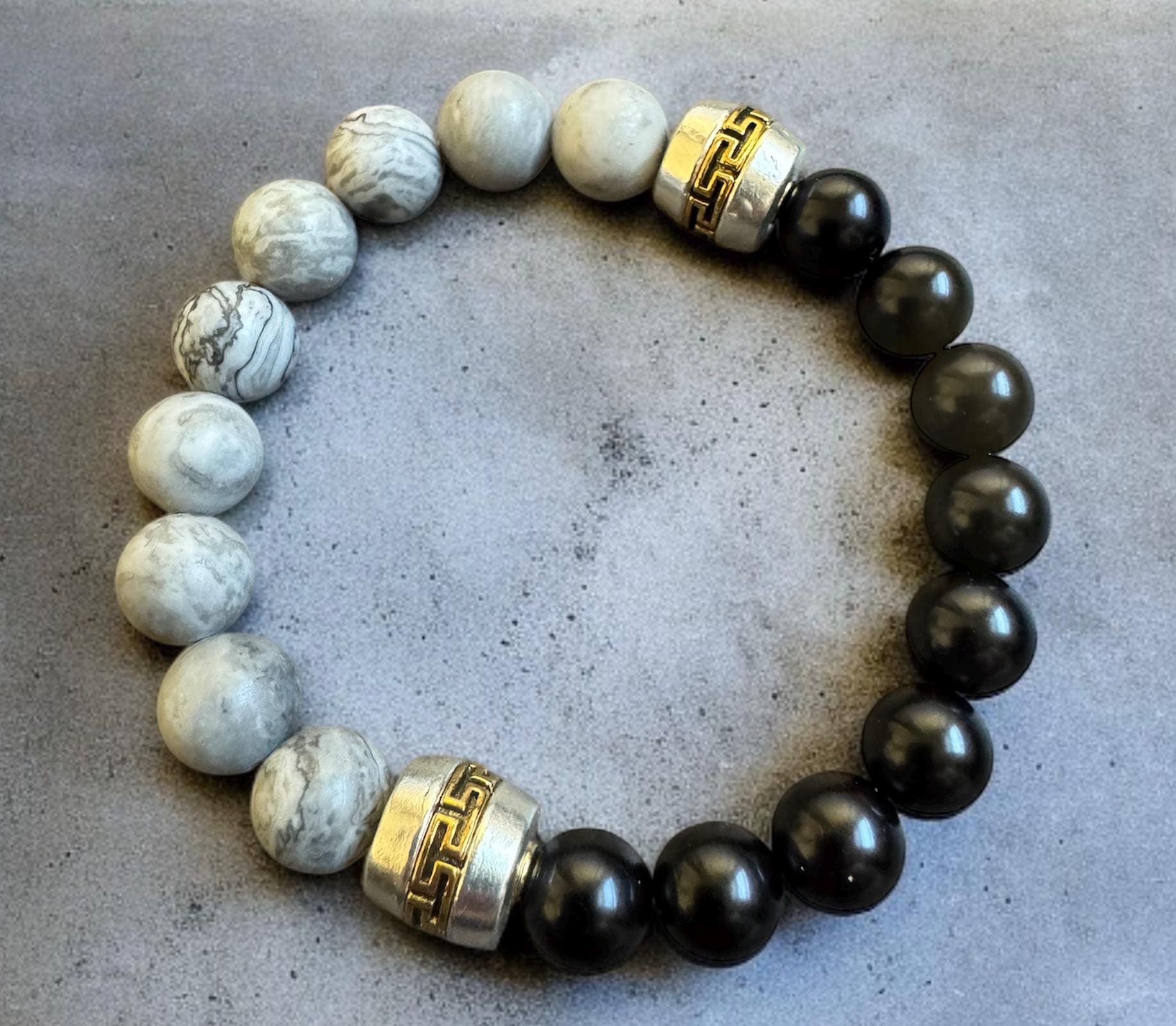 Gray Map Stone & Black Shell Pearl Bracelet