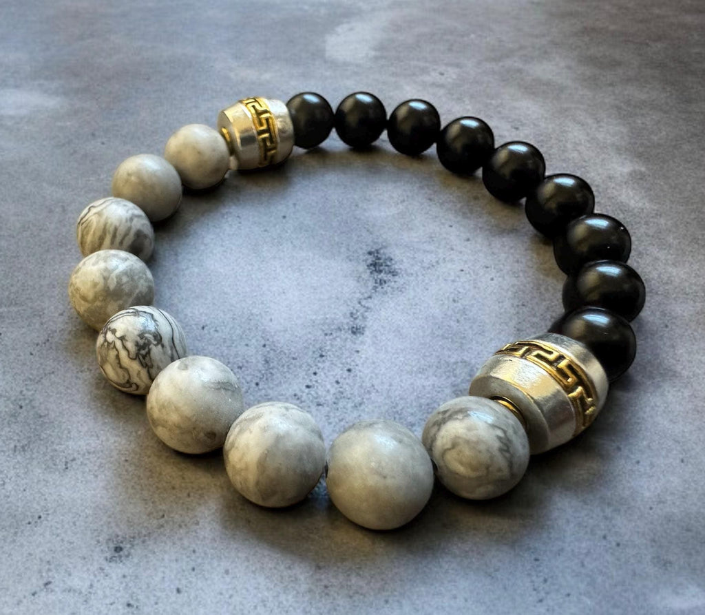 Gray Map Stone & Black Shell Pearl Bracelet
