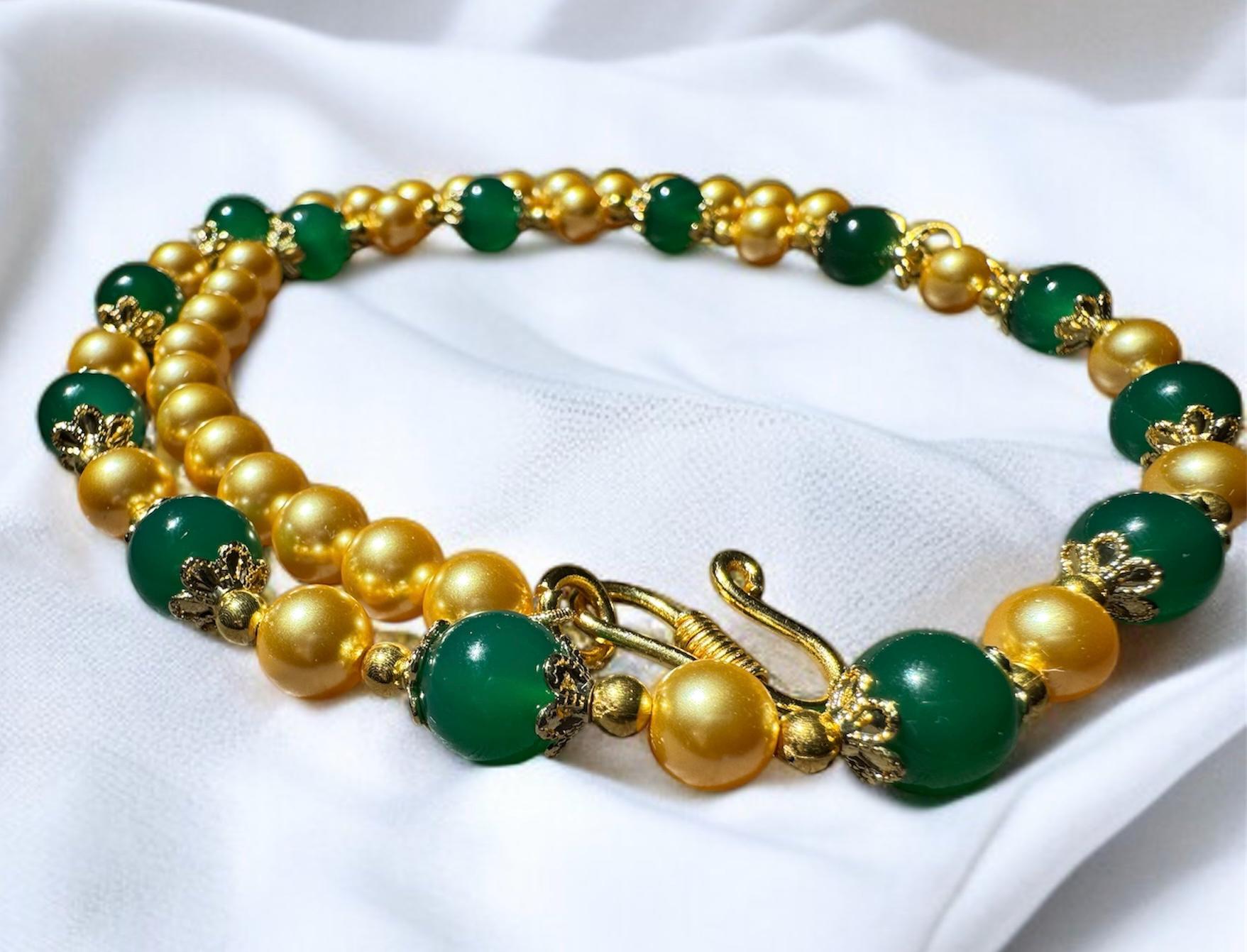 Green Onyx & Gold Shell Pearl Necklace
