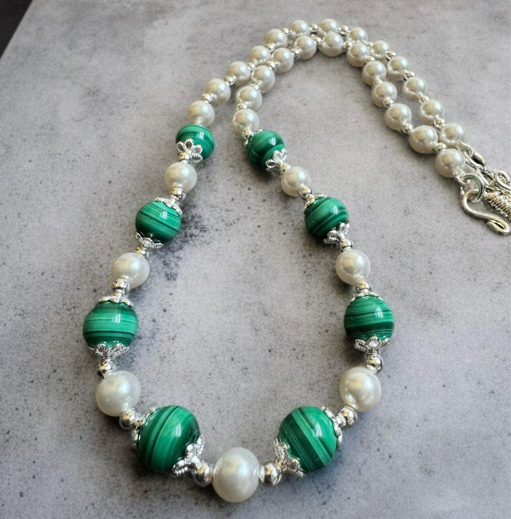 Malachite Necklace with Silver Floral Accents