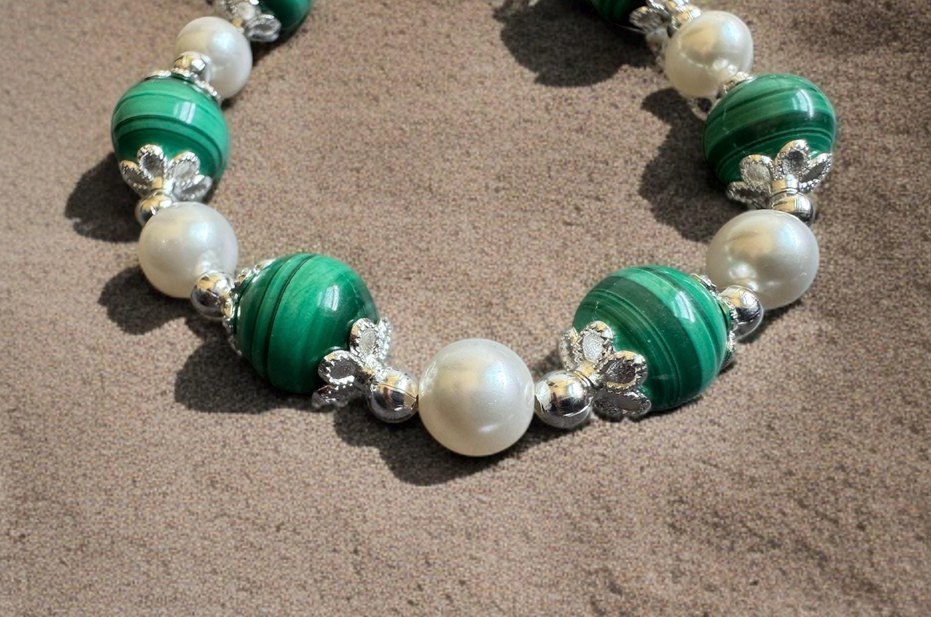 Malachite Necklace with Silver Floral Accents