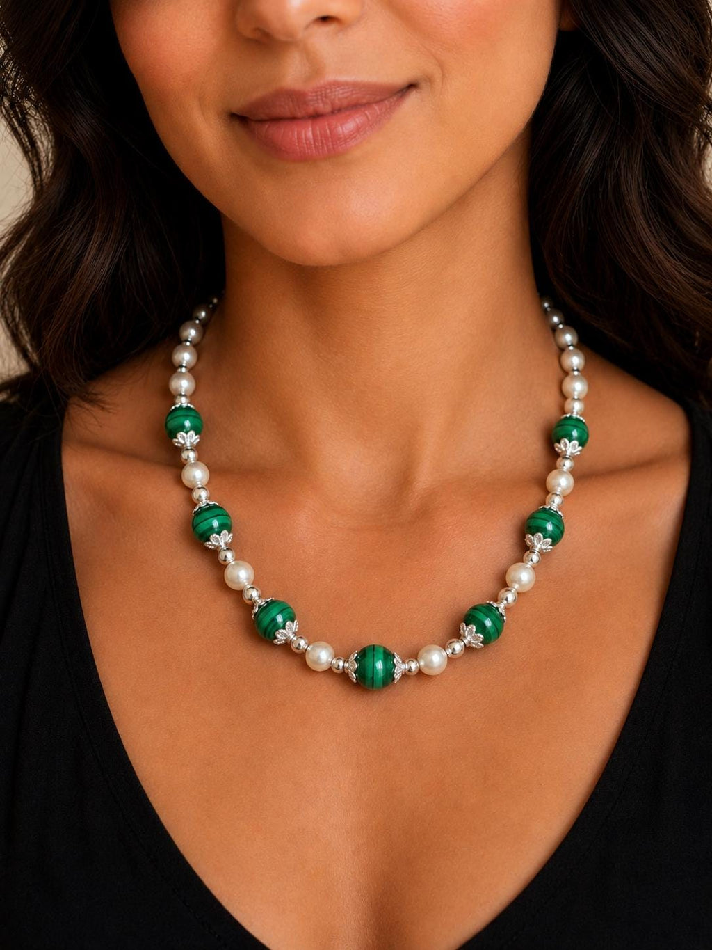 Malachite Necklace with Silver Floral Accents