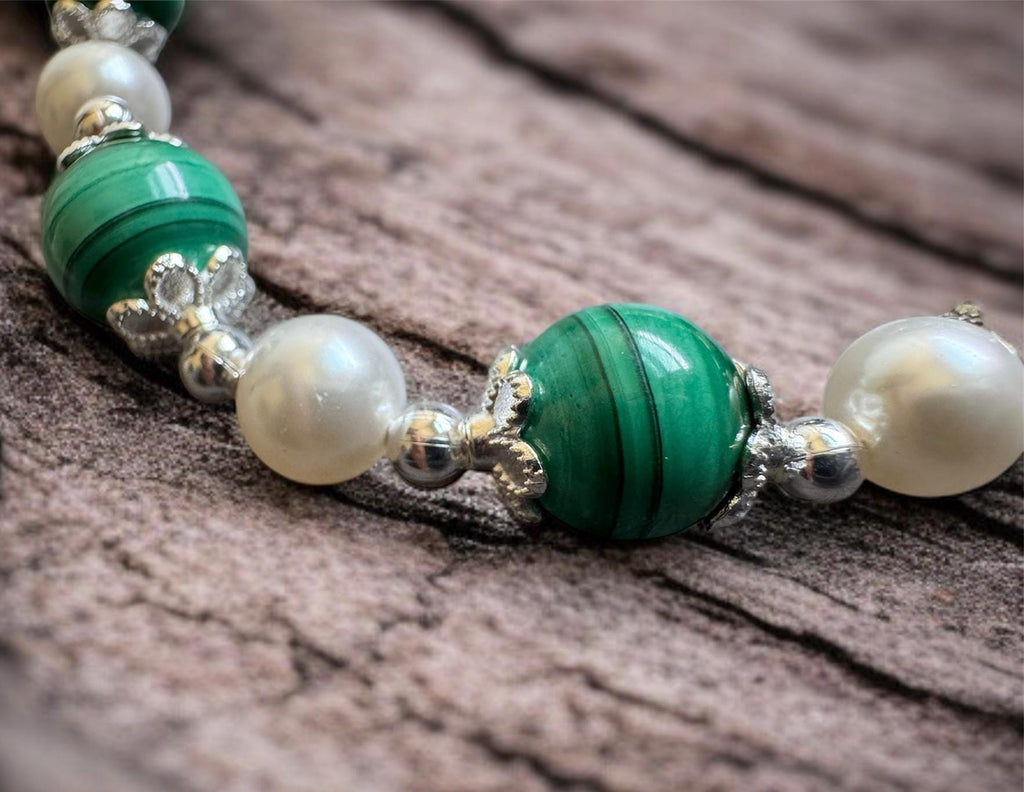 Malachite Necklace with Silver Floral Accents