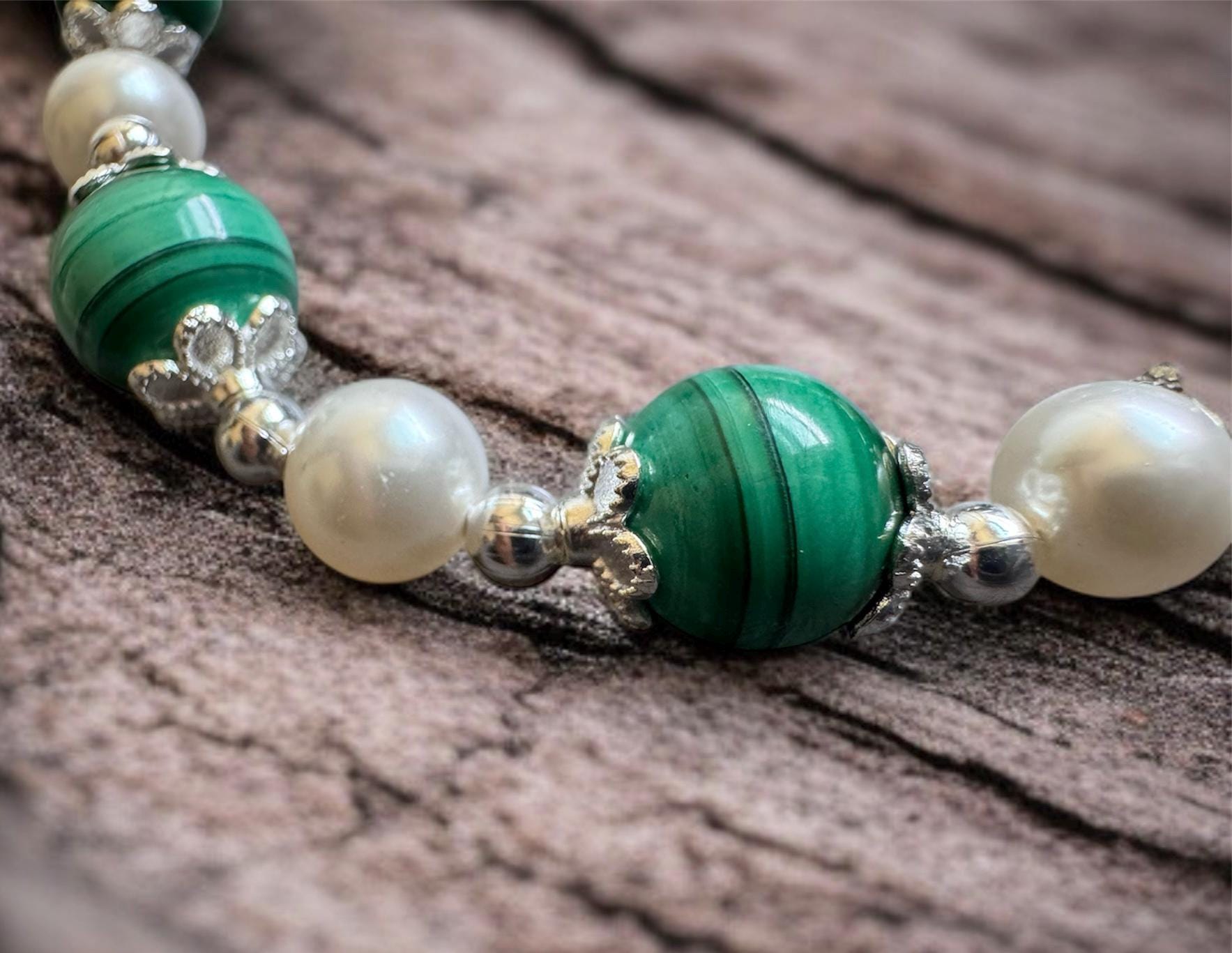 Malachite Necklace with Silver Floral Accents