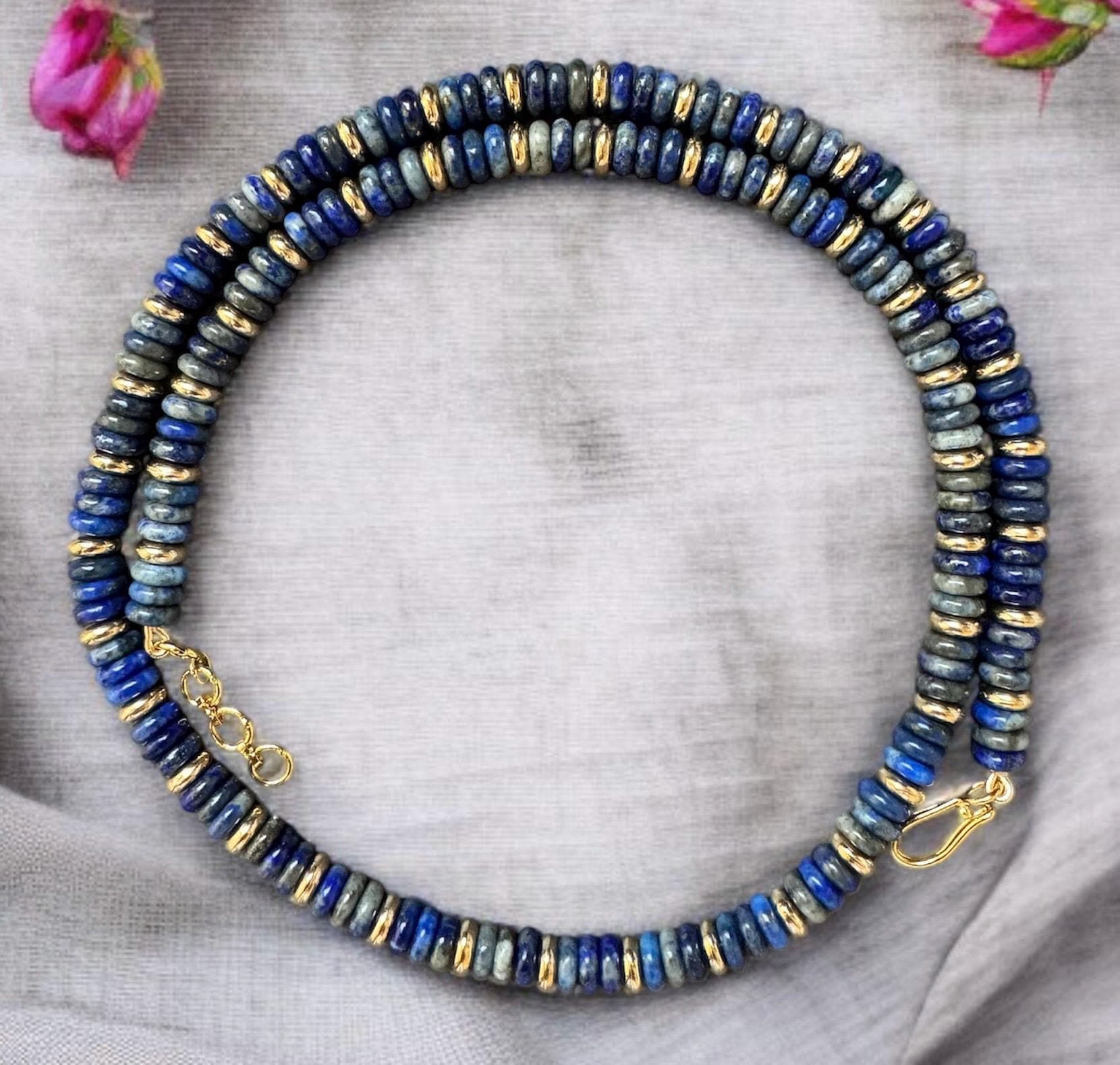 Lapis Lazuli Heishi Bead Necklace with 14K Gold Accent