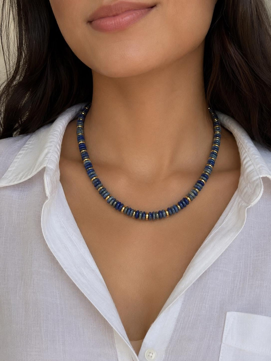 Lapis Lazuli Heishi Bead Necklace with 14K Gold Accent
