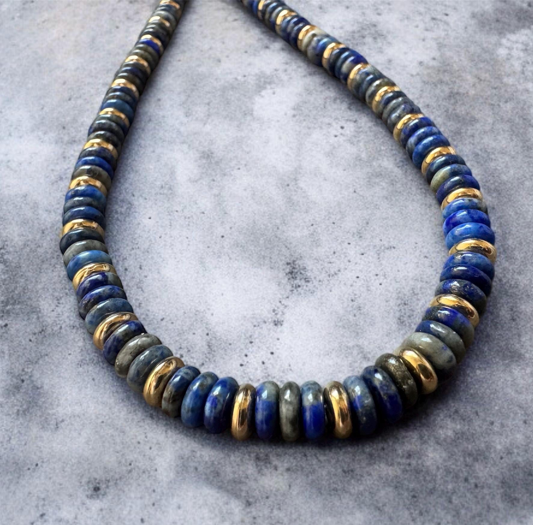 Lapis Lazuli Heishi Bead Necklace with 14K Gold Accent