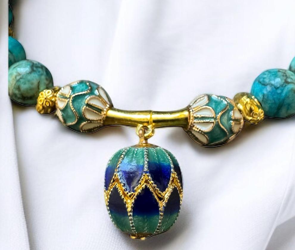 Turquoise Necklace with Cloisonné Egg Pendant