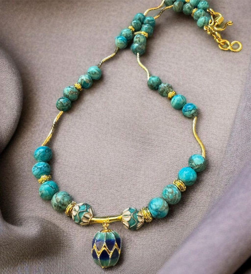 Turquoise Necklace with Cloisonné Egg Pendant