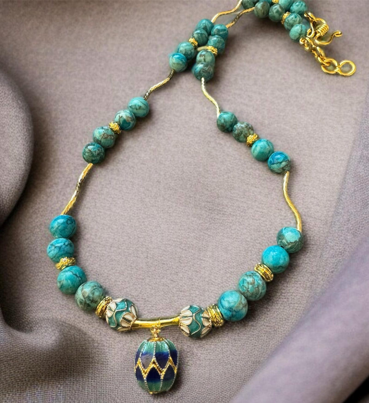 Turquoise Necklace with Cloisonné Egg Pendant