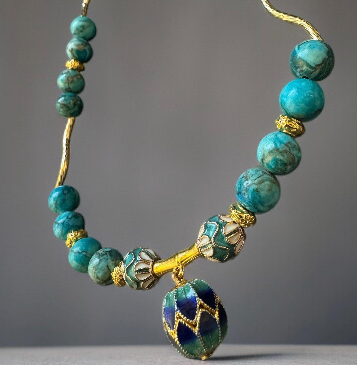 Turquoise Necklace with Cloisonné Egg Pendant