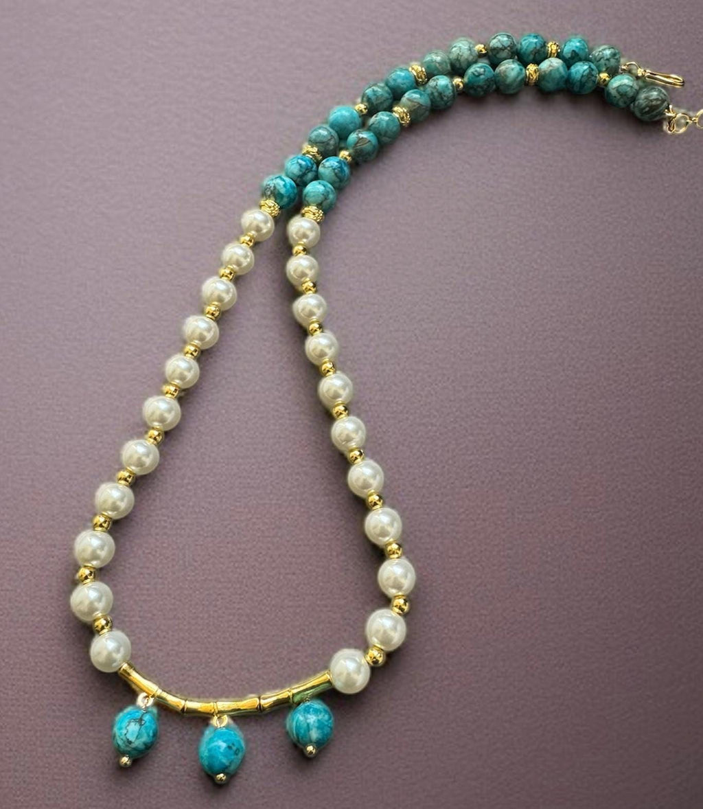 Turquoise & Shell Pearl Necklace with Gold-Tone Bar