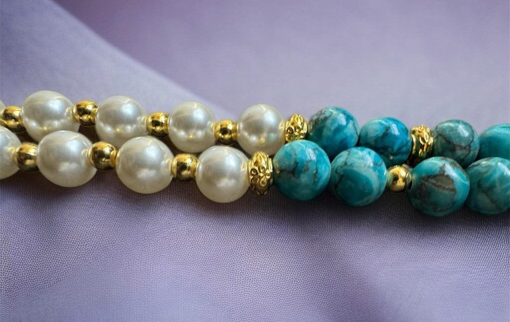 Turquoise & Shell Pearl Necklace with Gold-Tone Bar