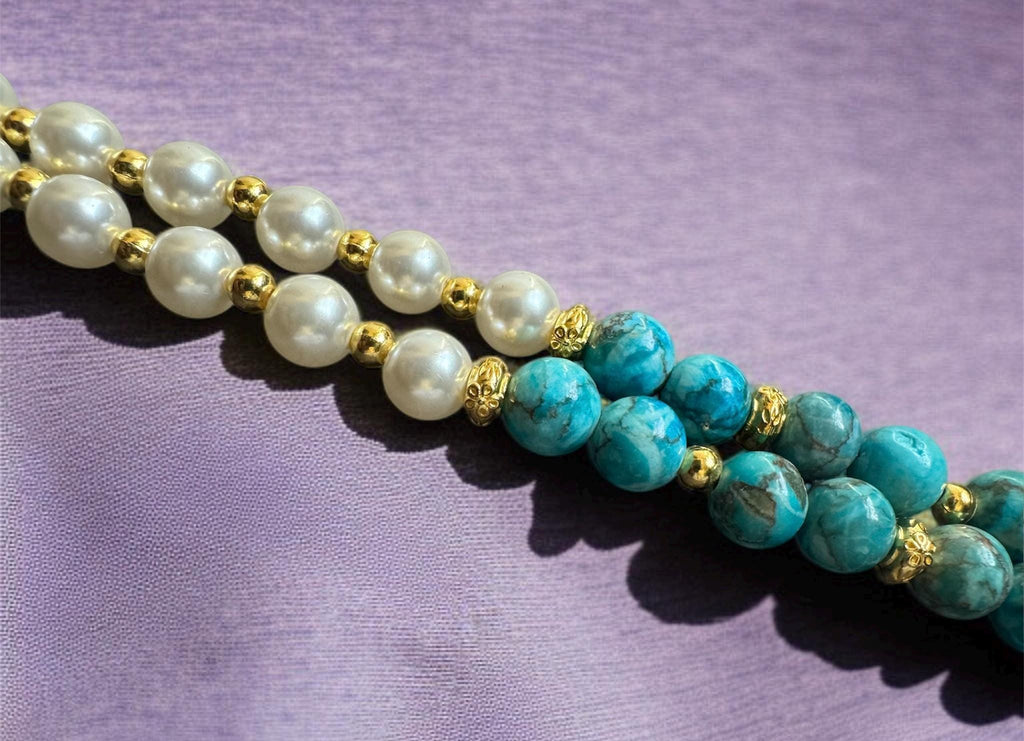 Turquoise & Shell Pearl Necklace with Gold-Tone Bar