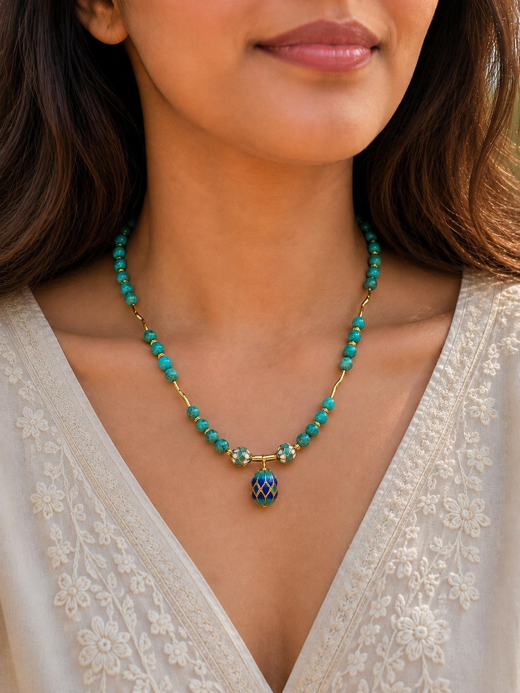 Turquoise Necklace with Cloisonné Egg Pendant
