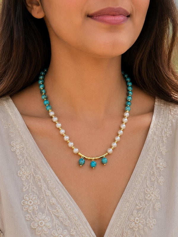 Turquoise & Shell Pearl Necklace with Gold-Tone Bar