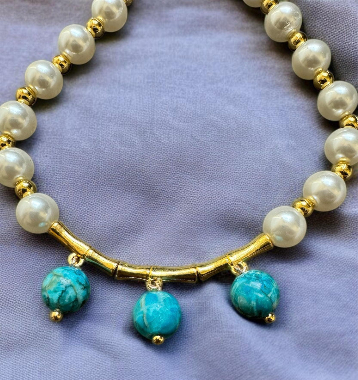 Turquoise & Shell Pearl Necklace with Gold-Tone Bar