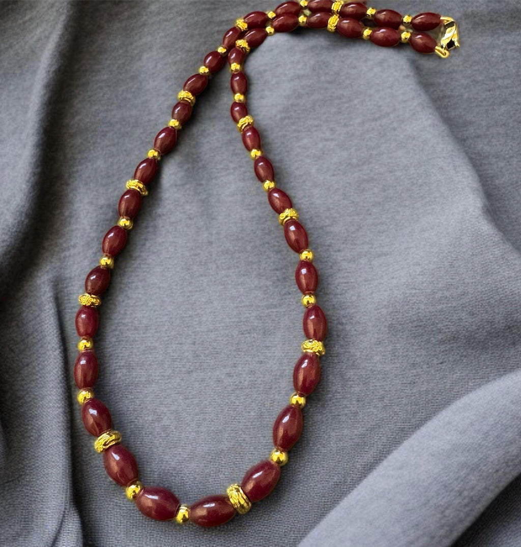 Red Jade Necklace with Gold Filigree Accents