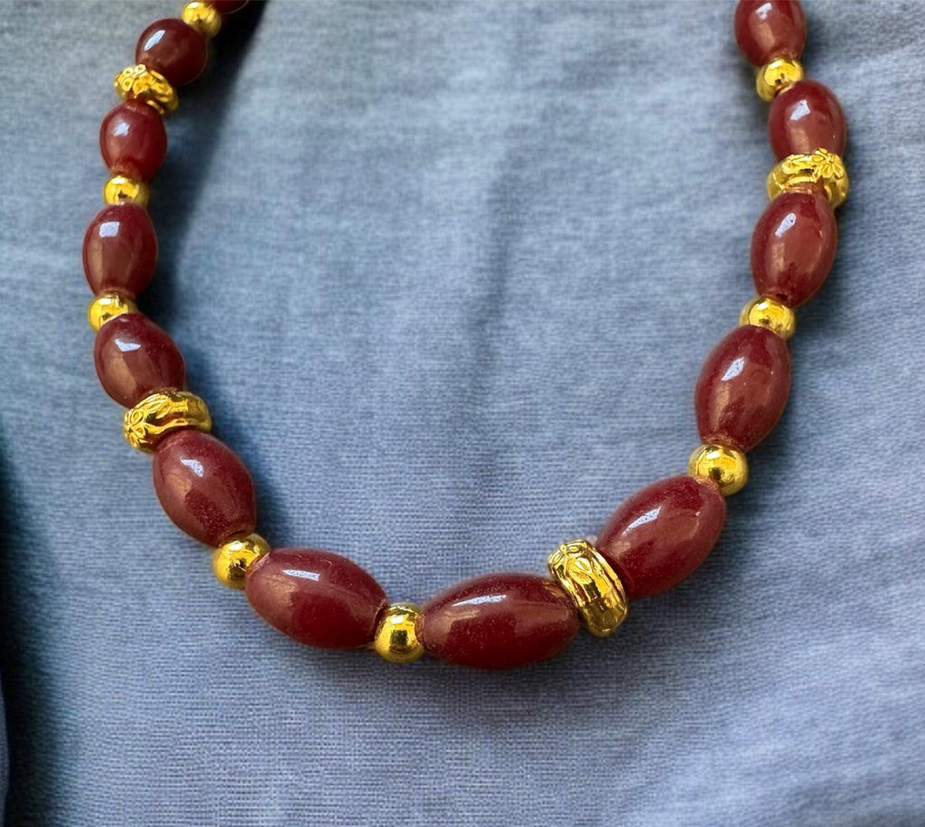 Red Jade Necklace with Gold Filigree Accents