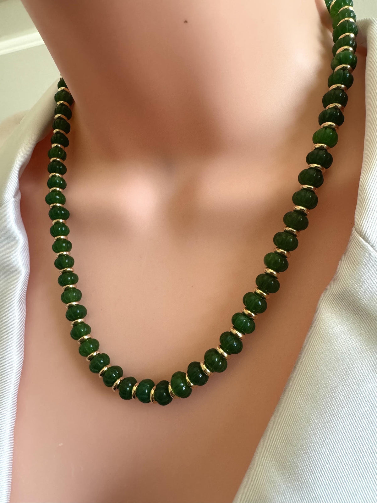 Melon Green Jade Necklace with Gold Spacers