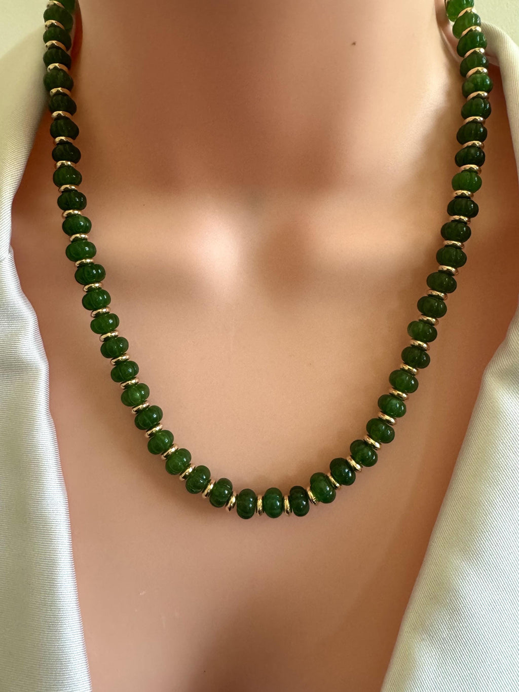 Melon Green Jade Necklace with Gold Spacers