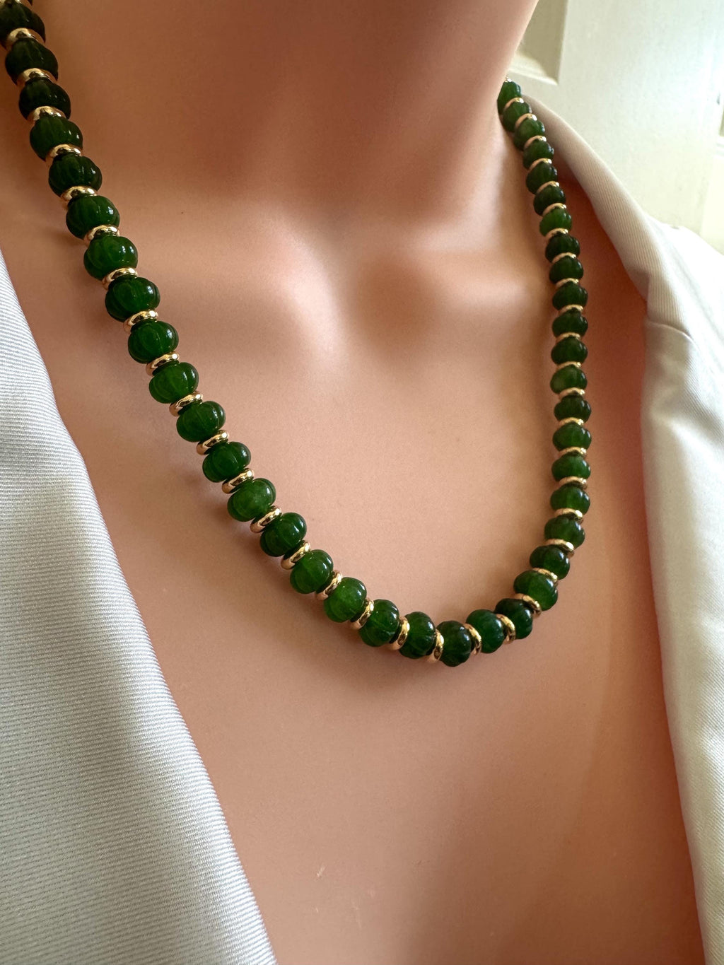 Melon Green Jade Necklace with Gold Spacers