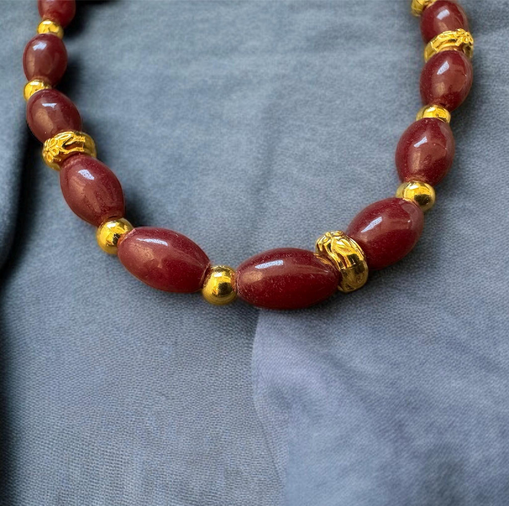 Red Jade Necklace with Gold Filigree Accents