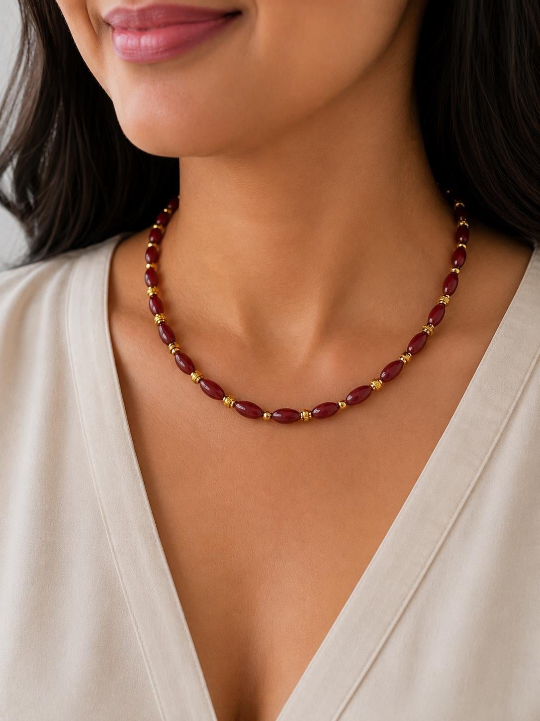 Red Jade Necklace with Gold Filigree Accents
