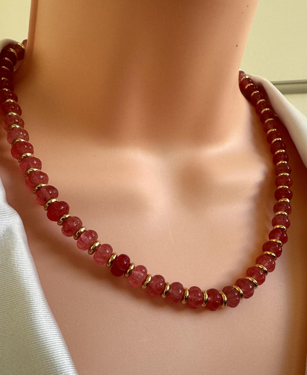 Raspberry Pink Gemstone Bead Necklace with Gold Accents