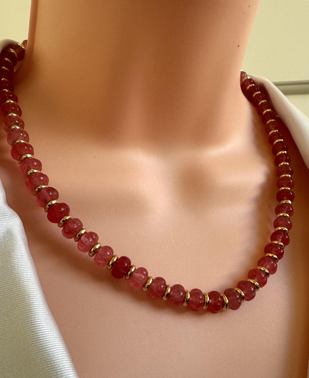 Raspberry Pink Gemstone Bead Necklace with Gold Accents