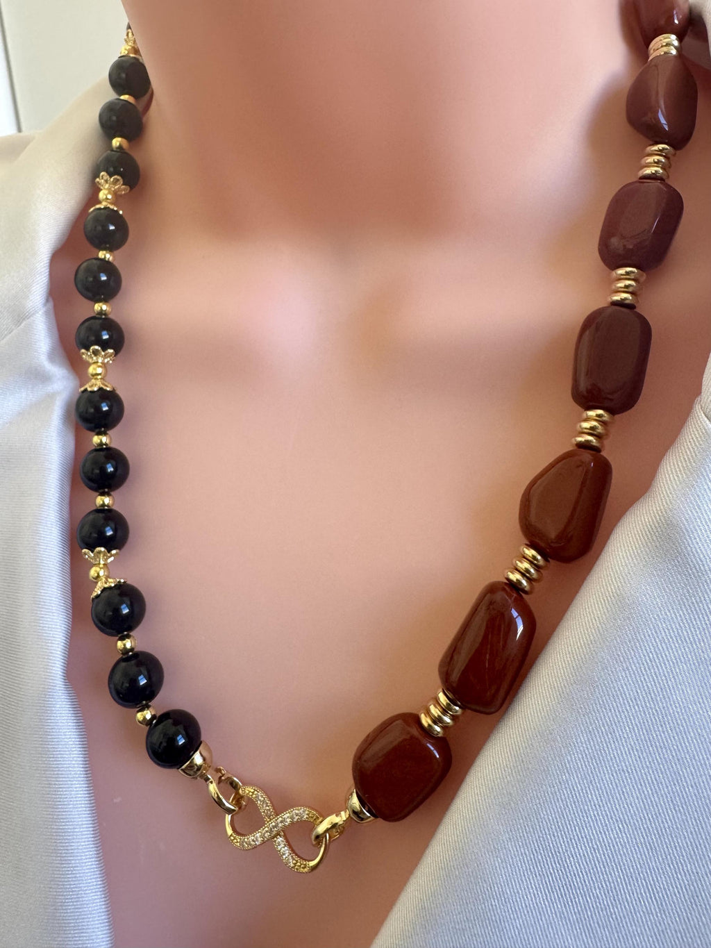 Black Onyx & Red Jasper Necklace with Gold Accents
