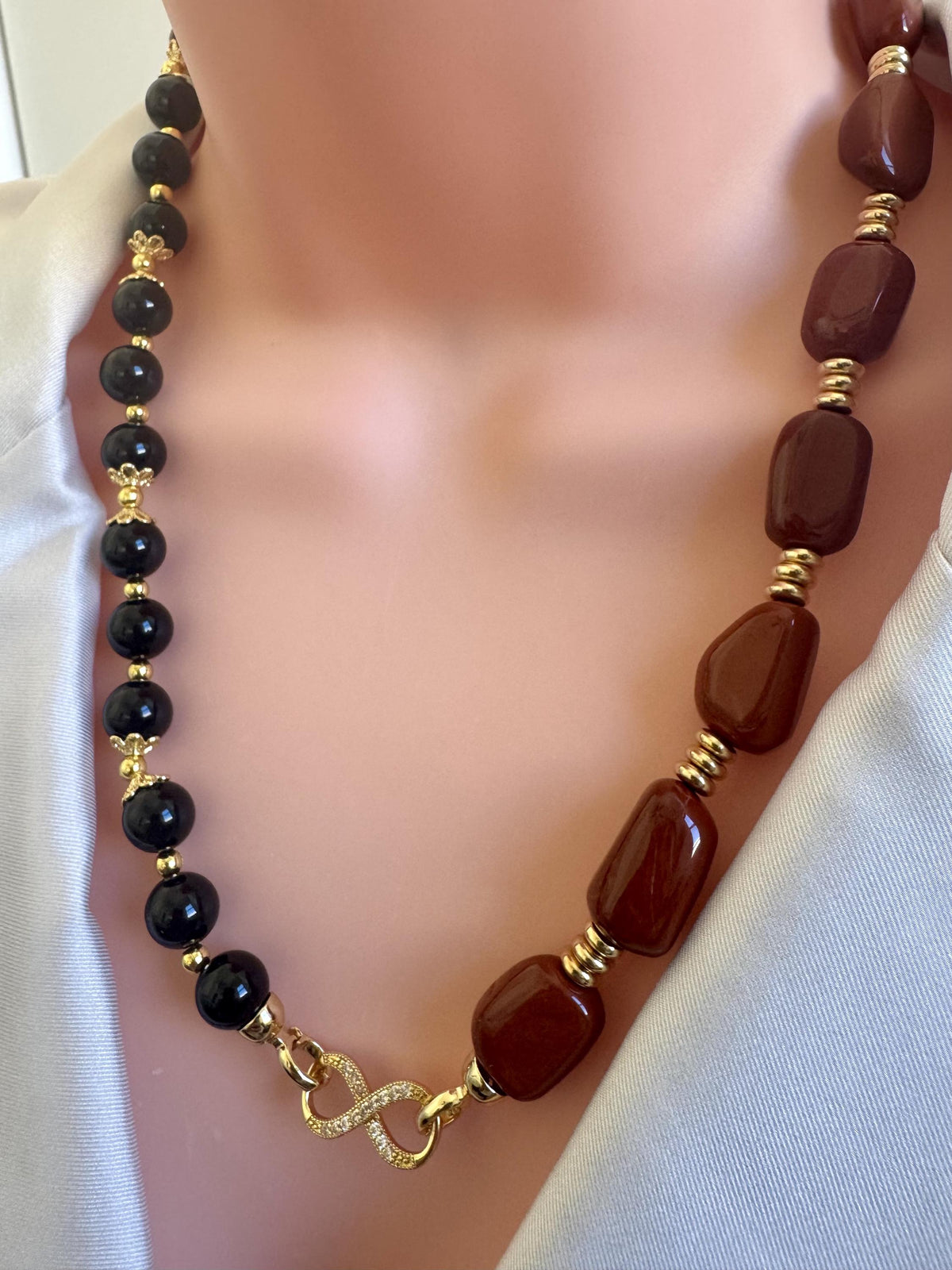 Black Onyx & Red Jasper Necklace with Gold Accents