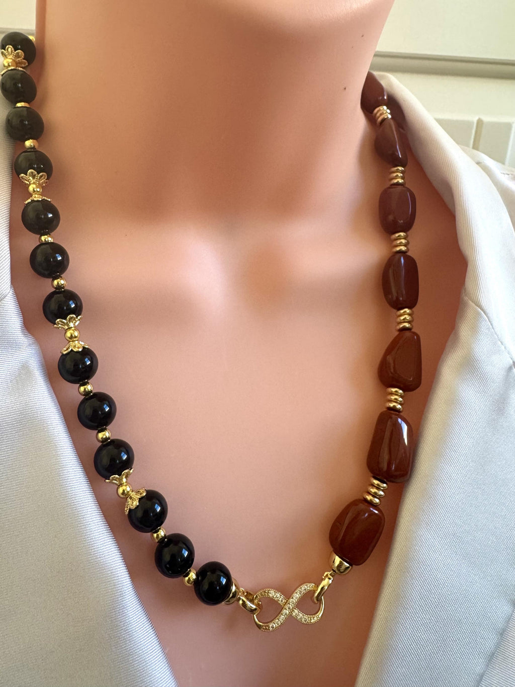 Black Onyx & Red Jasper Necklace with Gold Accents