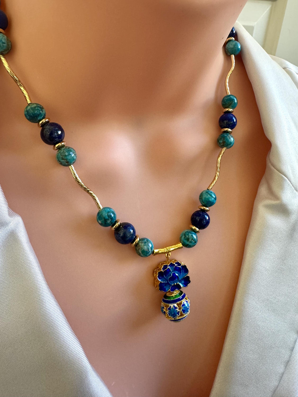 Turquoise & Lapis Lazuli Necklace with Floral Pendant