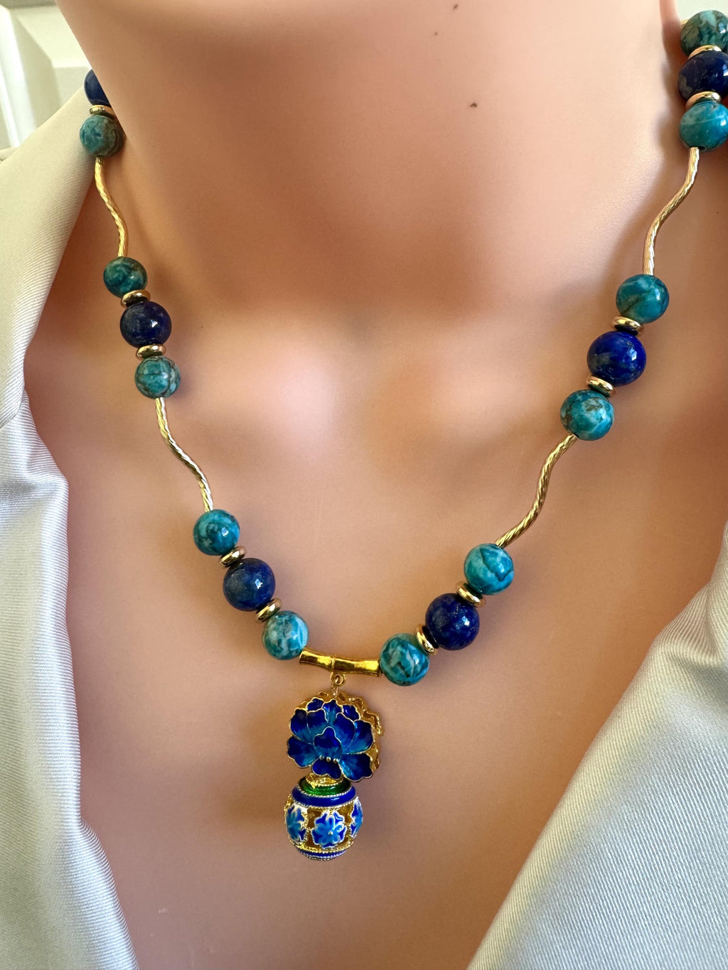 Turquoise & Lapis Lazuli Necklace with Floral Pendant