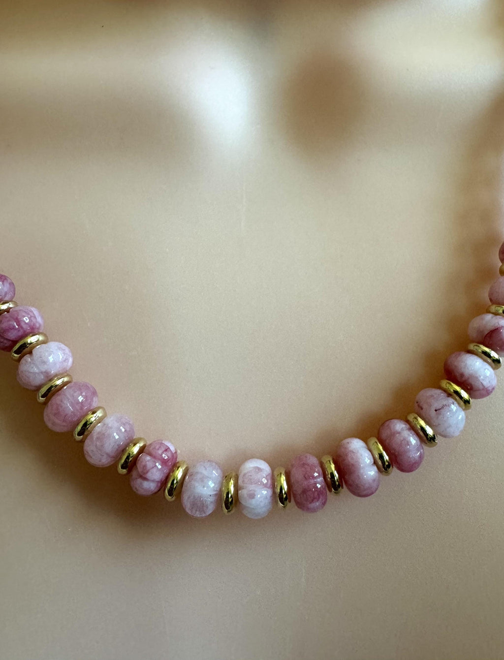 Melon Pink Gemstone Necklace with Gold Accents