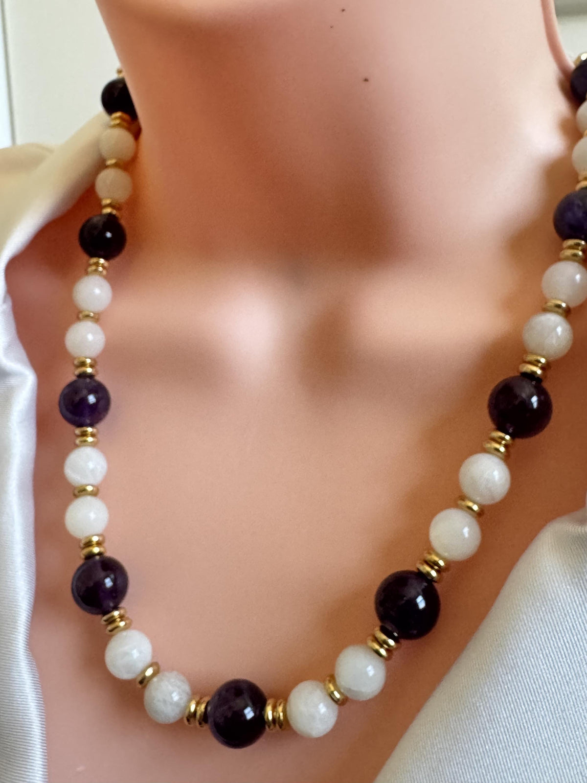 Amethyst & Moonstone Necklace with Gold Accents